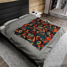 Load image into Gallery viewer, | Serengeti Sunset | Velveteen Plush Blanket |  Dark Aquamarine &amp; Orange Abstract Pattern |Bold Elegance| Vibrant African Batik |
