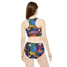 Load image into Gallery viewer, Vibrant Kiki Collections Bikini Set | African Wax Print | Full Coverage Swimsuit | High-Waisted Bottom | Women&#39;s Racerback Swimsuit | Black-Owned | Women-Owned&quot;
