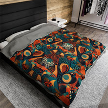 Load image into Gallery viewer, | Serengeti Sunset | Velveteen Plush Blanket |  Dark Aquamarine &amp; Orange Abstract Pattern |Bold Elegance| Vibrant African Batik |
