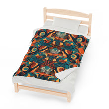 Load image into Gallery viewer, | Serengeti Sunset | Velveteen Plush Blanket |  Dark Aquamarine &amp; Orange Abstract Pattern |Bold Elegance| Vibrant African Batik |
