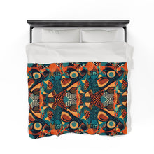 Load image into Gallery viewer, | Serengeti Sunset | Velveteen Plush Blanket |  Dark Aquamarine &amp; Orange Abstract Pattern |Bold Elegance| Vibrant African Batik |
