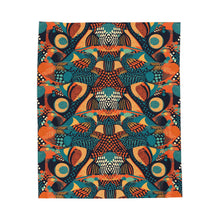 Load image into Gallery viewer, | Serengeti Sunset | Velveteen Plush Blanket |  Dark Aquamarine &amp; Orange Abstract Pattern |Bold Elegance| Vibrant African Batik |
