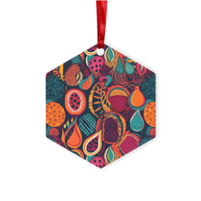 Load image into Gallery viewer, African Batik Print, Bold and Bountiful, Oranges, Fig, Passion Fruit, Black Owned - Teal, Plumb, Burt Orange Metal Hanging Ornament
