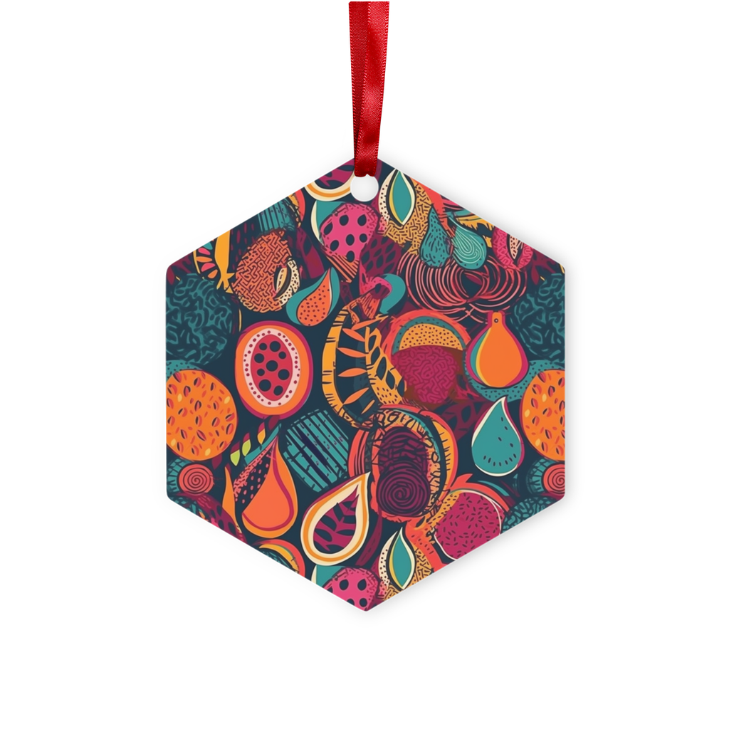 African Batik Print, Bold and Bountiful, Oranges, Fig, Passion Fruit, Black Owned - Teal, Plumb, Burt Orange Metal Hanging Ornament