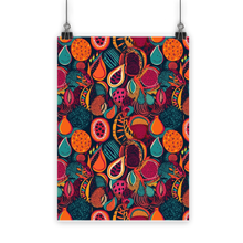 Load image into Gallery viewer, African Batik Print, Bold and Bountiful, Oranges, Fig, Passion Fruit, Black Owned - Teal, Plumb, Burt Orange | Classic Poster Print |
