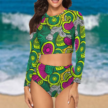 Load image into Gallery viewer, African Print | Batik| Ankara| Long Sleeve |Crew Neck| Ladies Bikini Swimsuit| Rash-guard |up to 2x|
