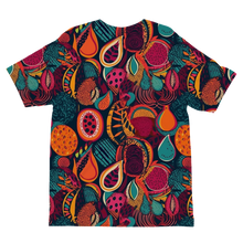 Load image into Gallery viewer, African Batik Print, Bold and Bountiful, Oranges, Fig, Passion Fruit, Black Owned - Teal, Plumb, Burt Orange  Kids T-Shirt
