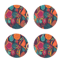 Load image into Gallery viewer, African Batik Print, Bold and Bountiful, Oranges, Fig, Passion Fruit, Black Owned - Teal, Plumb, Burt Orange | Coasters Pack of Four |
