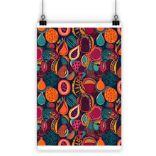 Load image into Gallery viewer, African Batik Print, Bold and Bountiful, Oranges, Fig, Passion Fruit, Black Owned - Teal, Plumb, Burt Orange | Classic Poster Print |
