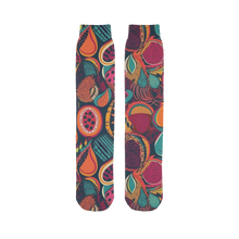 Load image into Gallery viewer, African Batik Print, Bold and Bountiful, Oranges, Fig, Passion Fruit, Black Owned - Teal, Plumb, Burt Orange | Tube Sock |
