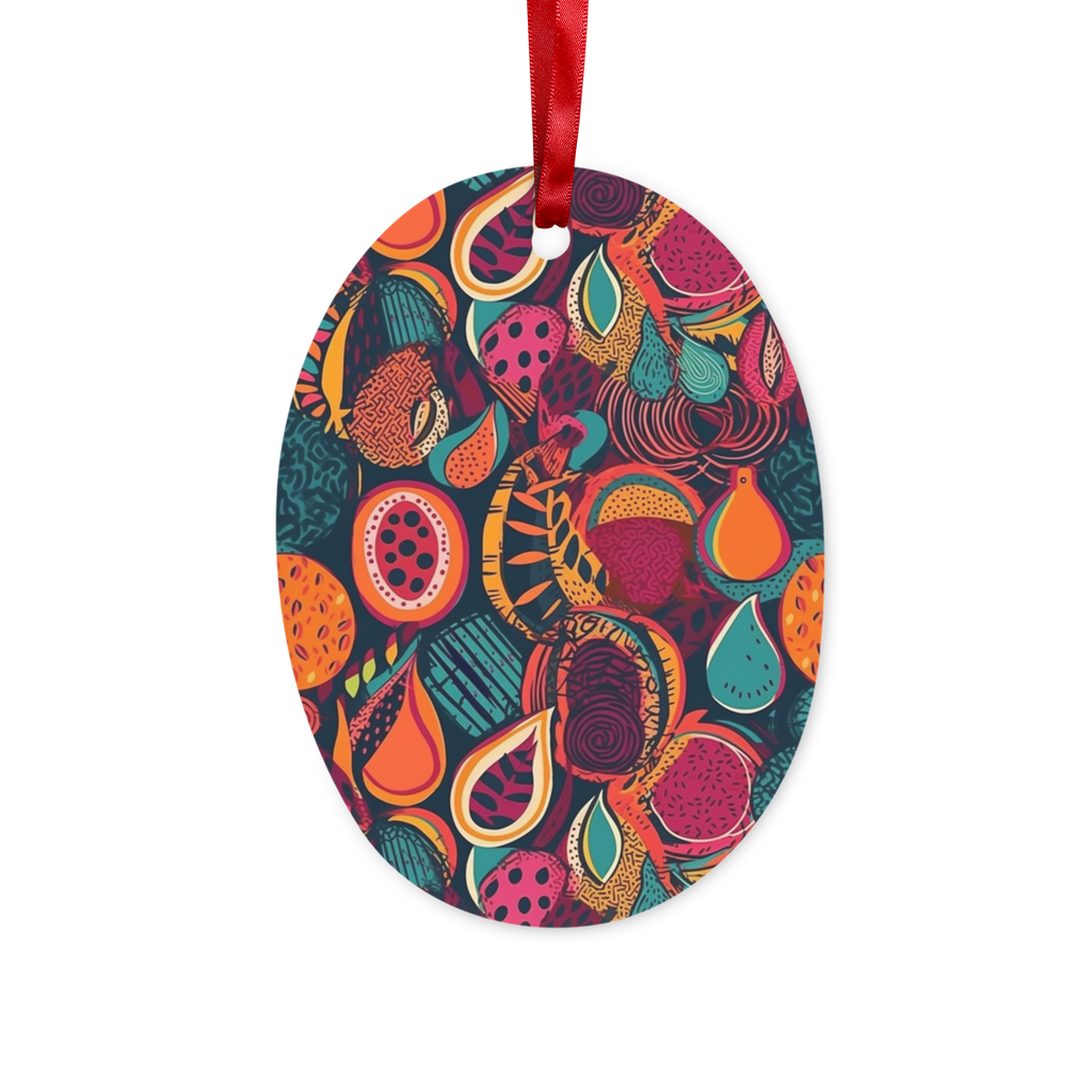 African Batik Print, Bold and Bountiful, Oranges, Fig, Passion Fruit, Black Owned - Teal, Plumb, Burt Orange Ceramic Hanging Ornament