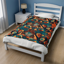 Load image into Gallery viewer, | Serengeti Sunset | Velveteen Plush Blanket |  Dark Aquamarine &amp; Orange Abstract Pattern |Bold Elegance| Vibrant African Batik |
