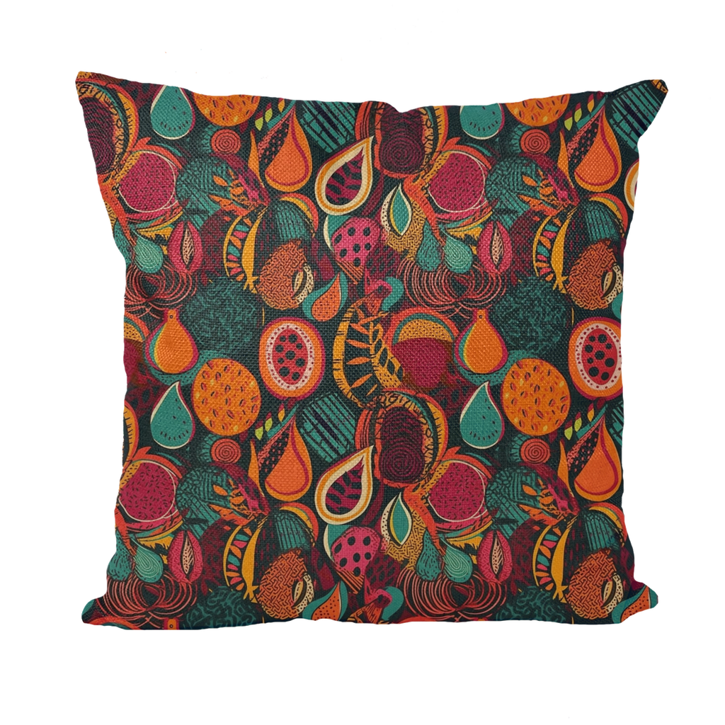 African Batik Print, Bold and Bountiful, Oranges, Fig, Passion Fruit, Black Owned - Teal, Plumb, Burt Orange | Throw Pillow with Insert |