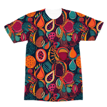 Load image into Gallery viewer, African Batik Print, Bold and Bountiful, Oranges, Fig, Passion Fruit, Black Owned - Teal, Plumb, Burt Orange Premium Adult T-Shirt
