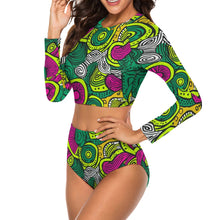 Load image into Gallery viewer, African Print | Batik| Ankara| Long Sleeve |Crew Neck| Ladies Bikini Swimsuit| Rash-guard |up to 2x|
