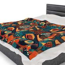 Load image into Gallery viewer, | Serengeti Sunset | Velveteen Plush Blanket |  Dark Aquamarine &amp; Orange Abstract Pattern |Bold Elegance| Vibrant African Batik |
