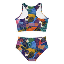 Load image into Gallery viewer, Vibrant Kiki Collections Bikini Set | African Wax Print | Full Coverage Swimsuit | High-Waisted Bottom | Women&#39;s Racerback Swimsuit | Black-Owned | Women-Owned&quot;
