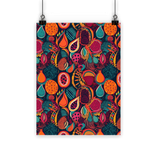 Load image into Gallery viewer, African Batik Print, Bold and Bountiful, Oranges, Fig, Passion Fruit, Black Owned - Teal, Plumb, Burt Orange | Classic Poster Print |
