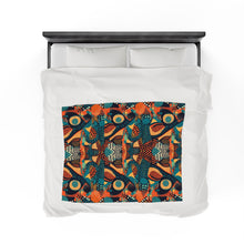 Load image into Gallery viewer, | Serengeti Sunset | Velveteen Plush Blanket |  Dark Aquamarine &amp; Orange Abstract Pattern |Bold Elegance| Vibrant African Batik |
