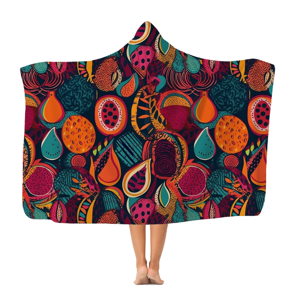 African Batik Print, Bold and Bountiful, Oranges, Fig, Passion Fruit, Black Owned - Teal, Plumb, Burt Orange | Classic Adult Hooded Blanket |