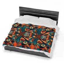 Load image into Gallery viewer, | Serengeti Sunset | Velveteen Plush Blanket |  Dark Aquamarine &amp; Orange Abstract Pattern |Bold Elegance| Vibrant African Batik |
