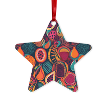 Load image into Gallery viewer, African Batik Print, Bold and Bountiful, Oranges, Fig, Passion Fruit, Black Owned - Teal, Plumb, Burt Orange Metal Hanging Ornament
