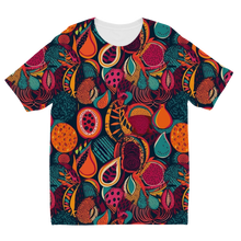 Load image into Gallery viewer, African Batik Print, Bold and Bountiful, Oranges, Fig, Passion Fruit, Black Owned - Teal, Plumb, Burt Orange  Kids T-Shirt
