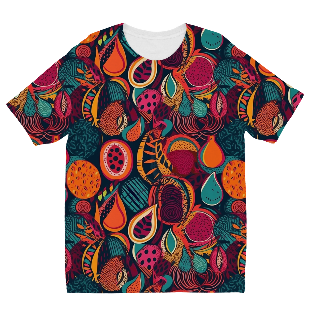 African Batik Print, Bold and Bountiful, Oranges, Fig, Passion Fruit, Black Owned - Teal, Plumb, Burt Orange  Kids T-Shirt