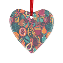 Load image into Gallery viewer, African Batik Print, Bold and Bountiful, Oranges, Fig, Passion Fruit, Black Owned - Teal, Plumb, Burt Orange Glass Hanging Ornament
