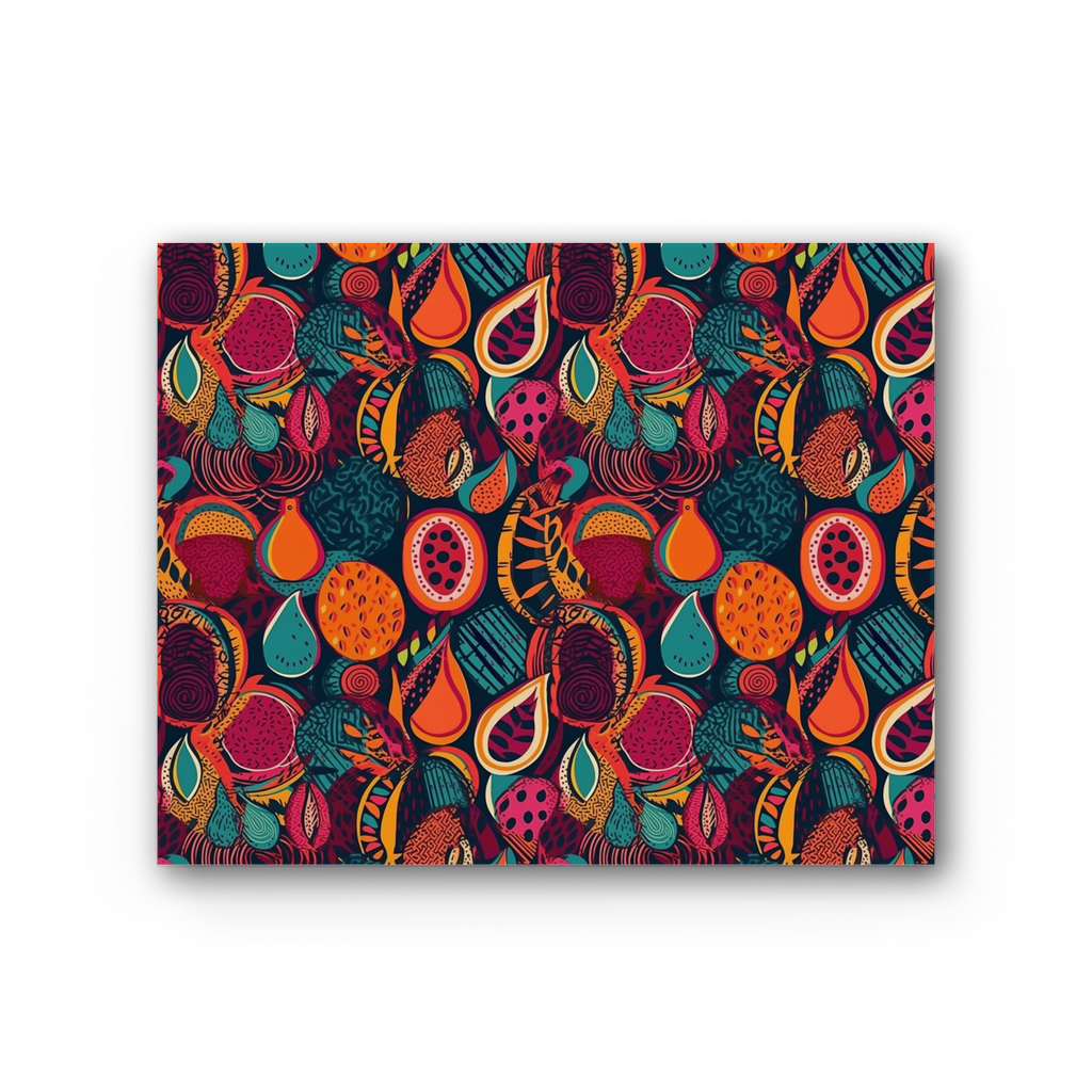 African Batik Print, Bold and Bountiful, Oranges, Fig, Passion Fruit, Black Owned - Teal, Plumb, Burt Orange | Premium Stretched Canvas |