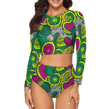 Load image into Gallery viewer, African Print | Batik| Ankara| Long Sleeve |Crew Neck| Ladies Bikini Swimsuit| Rash-guard |up to 2x|
