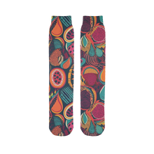 Load image into Gallery viewer, African Batik Print, Bold and Bountiful, Oranges, Fig, Passion Fruit, Black Owned - Teal, Plumb, Burt Orange | Tube Sock |
