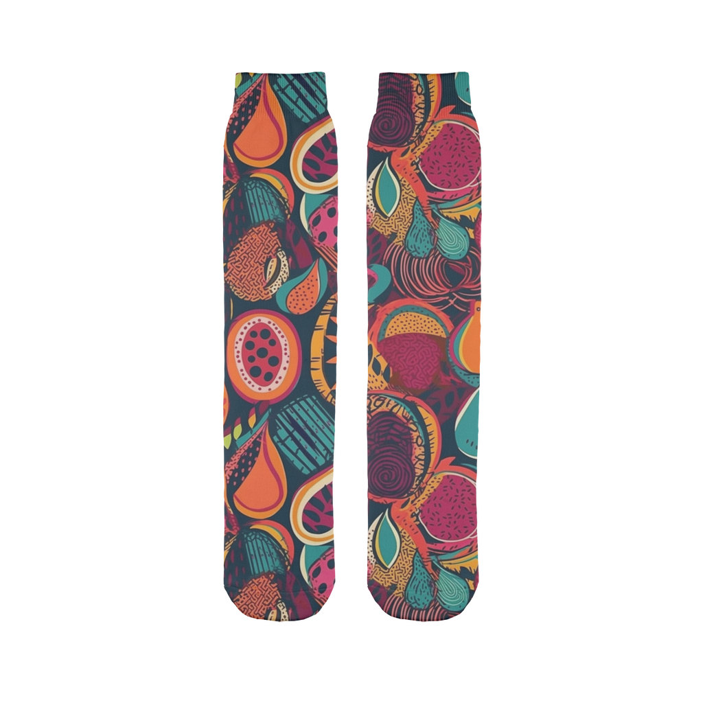 African Batik Print, Bold and Bountiful, Oranges, Fig, Passion Fruit, Black Owned - Teal, Plumb, Burt Orange | Tube Sock |