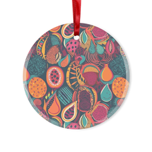 Load image into Gallery viewer, African Batik Print, Bold and Bountiful, Oranges, Fig, Passion Fruit, Black Owned - Teal, Plumb, Burt Orange Glass Hanging Ornament
