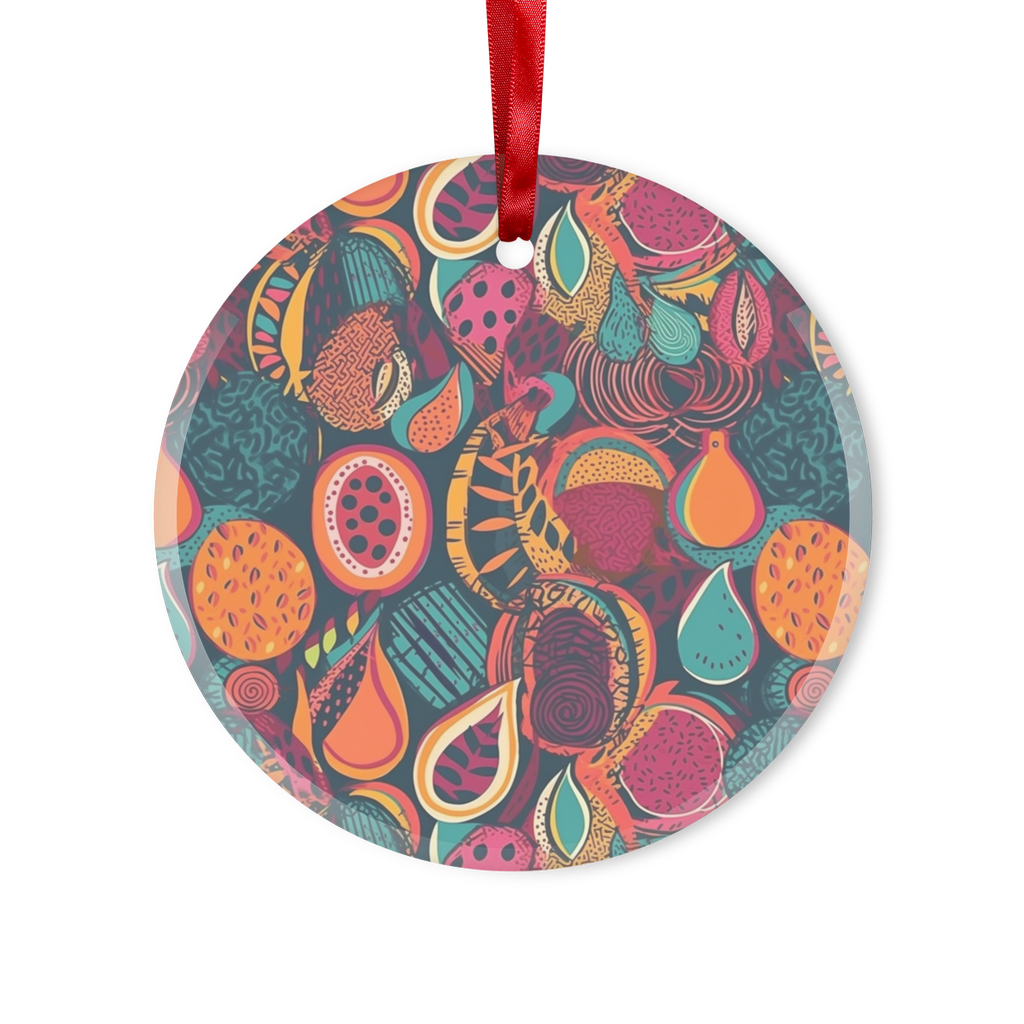 African Batik Print, Bold and Bountiful, Oranges, Fig, Passion Fruit, Black Owned - Teal, Plumb, Burt Orange Glass Hanging Ornament