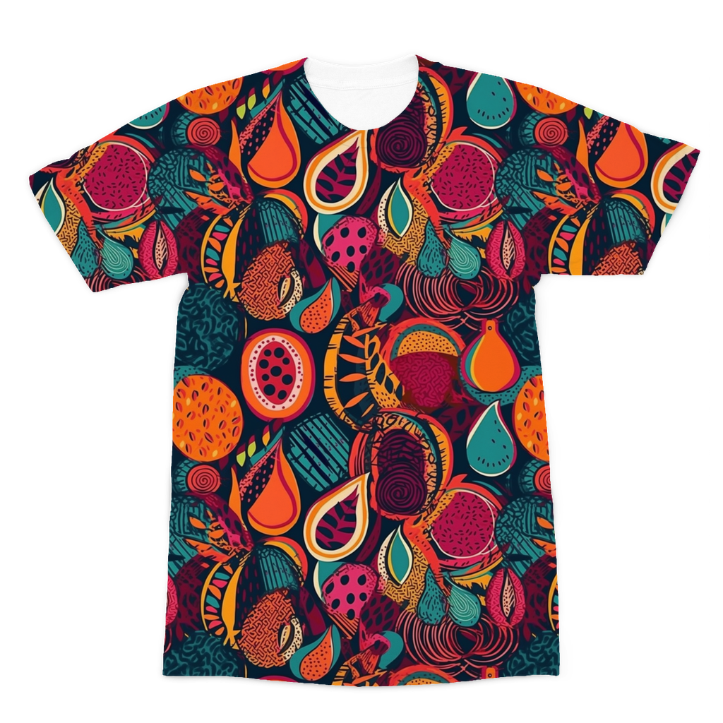 African Batik Print, Bold and Bountiful, Oranges, Fig, Passion Fruit, Black Owned - Teal, Plumb, Burt Orange Premium Adult T-Shirt