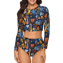 Load image into Gallery viewer, African Print | Batik| Ankara| Long Sleeve |Crew Neck| Ladies Bikini Swimsuit| Rash-guard |up to 2x|
