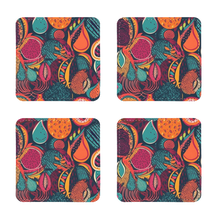 Load image into Gallery viewer, African Batik Print, Bold and Bountiful, Oranges, Fig, Passion Fruit, Black Owned - Teal, Plumb, Burt Orange | Coasters Pack of Four |
