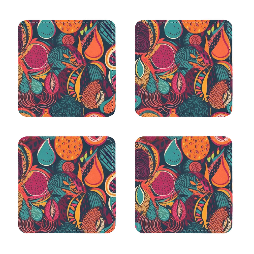 African Batik Print, Bold and Bountiful, Oranges, Fig, Passion Fruit, Black Owned - Teal, Plumb, Burt Orange | Coasters Pack of Four |